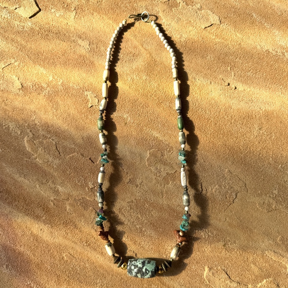 Turquoise Necklace Hand Carved Birds Agate, Amethyst, Quartz & Bone Beaded